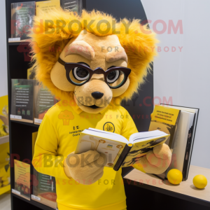 Lemon Yellow Lion mascot costume character dressed with a Rash Guard and Reading glasses