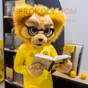 Lemon Yellow Lion mascot costume character dressed with a Rash Guard and Reading glasses