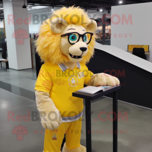 Lemon Yellow Lion mascot costume character dressed with a Rash Guard and Reading glasses