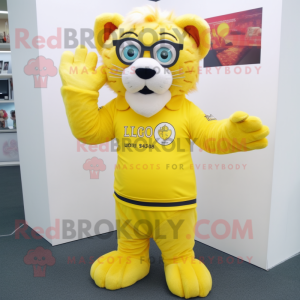 Lemon Yellow Lion mascot costume character dressed with a Rash Guard and Reading glasses