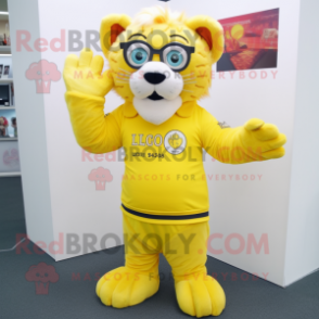 Lemon Yellow Lion mascot costume character dressed with a Rash Guard and Reading glasses