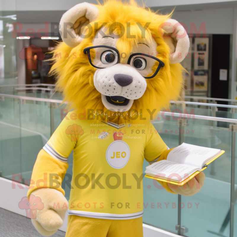 Lemon Yellow Lion mascot costume character dressed with a Rash Guard and Reading glasses