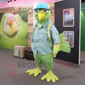Lime Green Pigeon mascot costume character dressed with a Chambray Shirt and Messenger bags