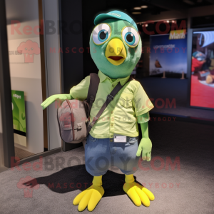 Lime Green Pigeon mascot costume character dressed with a Chambray Shirt and Messenger bags