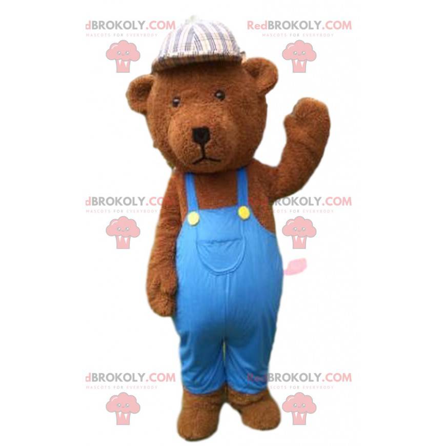 Mascota del oso de peluche marrón vestida de azul, oso de