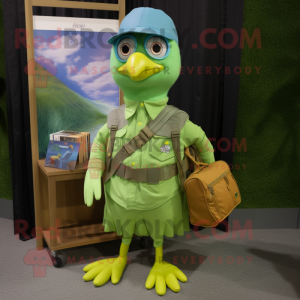 Lime Green Pigeon mascot costume character dressed with a Chambray Shirt and Messenger bags