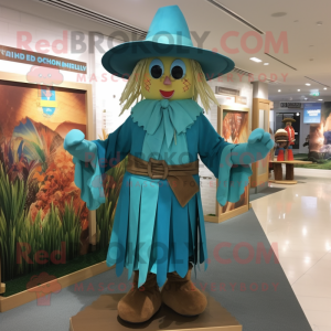 Turquoise Scarecrow mascot costume character dressed with a Wrap Dress and Caps