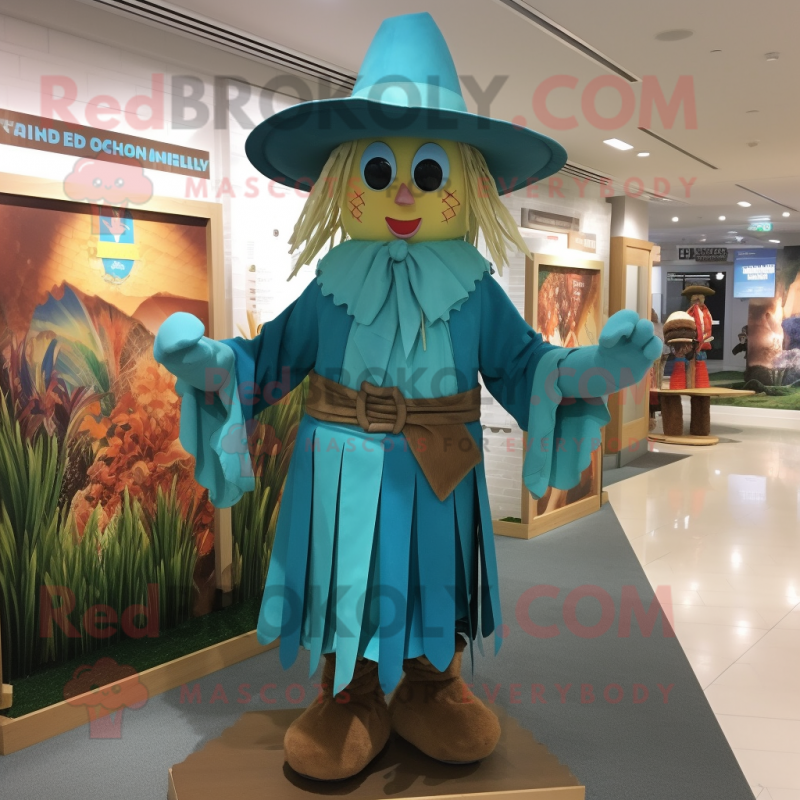 Turquoise Scarecrow mascot costume character dressed with a Wrap Dress and Caps Turquoise Scarecrow mascot costume character dressed with a Wrap Dress and Caps