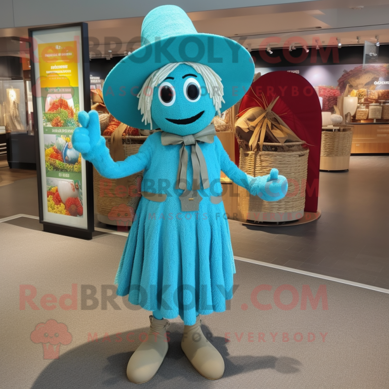 Turquoise Scarecrow mascot costume character dressed with a Wrap Dress and Caps Turquoise Scarecrow mascot costume character dressed with a Wrap Dress and Caps