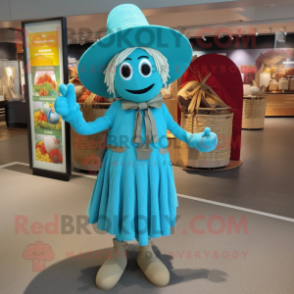 Turquoise Scarecrow mascot costume character dressed with a Wrap Dress and Caps