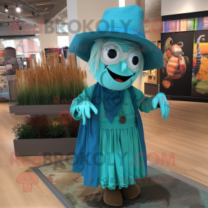 Turquoise Scarecrow mascot costume character dressed with a Wrap Dress and Caps