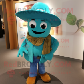 Turquoise Scarecrow mascot costume character dressed with a Wrap Dress and Caps