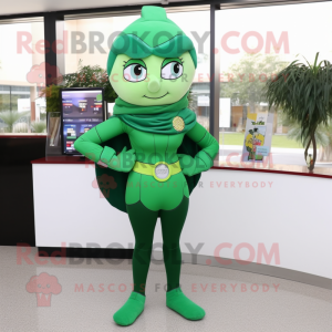 Forest Green Superhero mascot costume character dressed with a Pencil Skirt and Handbags