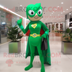 Forest Green Superhero mascot costume character dressed with a Pencil Skirt and Handbags