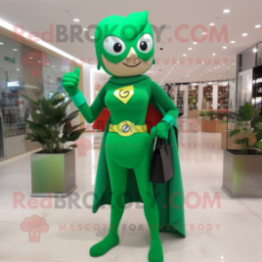 Forest Green Superhero mascot costume character dressed with a Pencil Skirt and Handbags