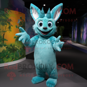 Cyan Chupacabra mascot costume character dressed with a Maxi Dress and Mittens