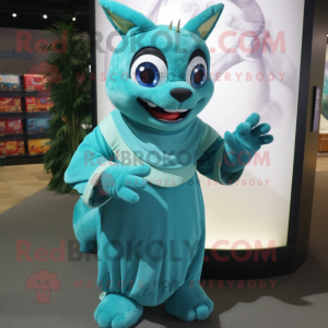 Cyan Chupacabra mascot costume character dressed with a Maxi Dress and Mittens