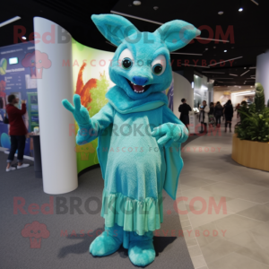Cyan Chupacabra mascot costume character dressed with a Maxi Dress and Mittens