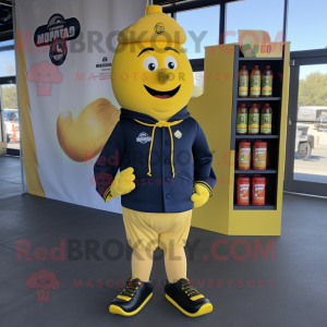 Navy Bottle Of Mustard mascot costume character dressed with a Cargo Shorts and Shoe laces