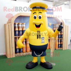 Navy Bottle Of Mustard mascot costume character dressed with a Cargo Shorts and Shoe laces