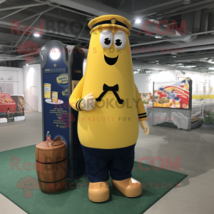 Navy Bottle Of Mustard mascot costume character dressed with a Cargo Shorts and Shoe laces