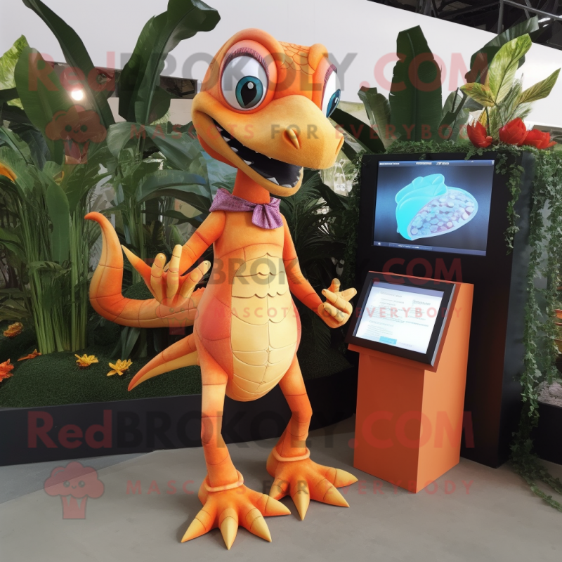 Orange Dimorphodon mascot costume character dressed with a Mini Dress and Bracelet watches Orange Dimorphodon mascot costume character dressed with a Mini Dress and Bracelet watches