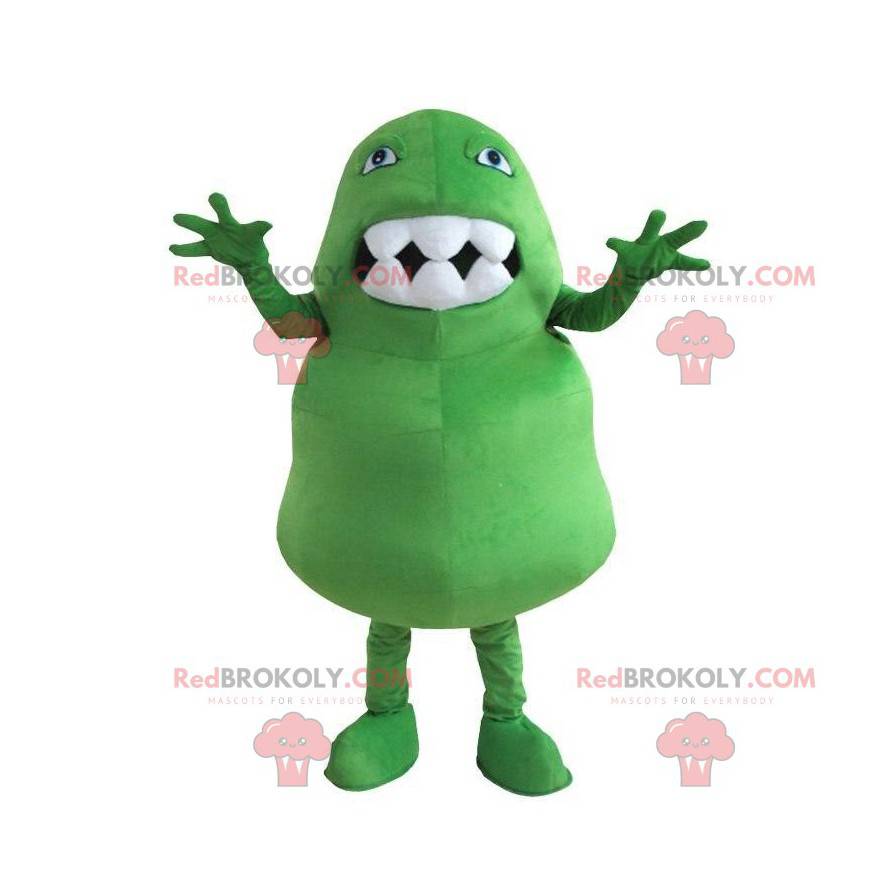 Grön monster maskot med en stor mun full av tänder -