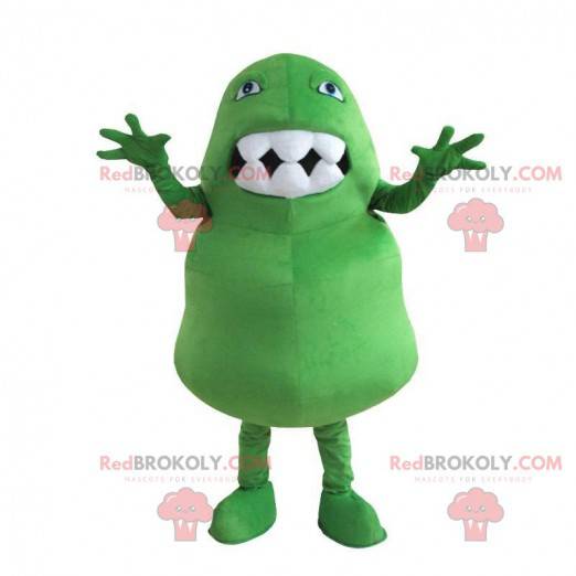 Green monster mascot with a big mouth full of teeth -