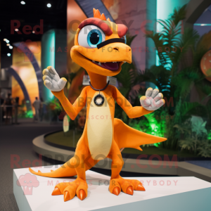 Orange Dimorphodon mascot costume character dressed with a Mini Dress and Bracelet watches