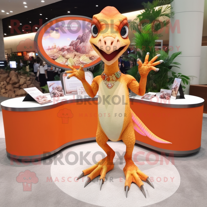 Orange Dimorphodon mascot costume character dressed with a Mini Dress and Bracelet watches