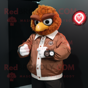 Brown Fried Chicken mascot costume character dressed with a Bomber Jacket and Smartwatches