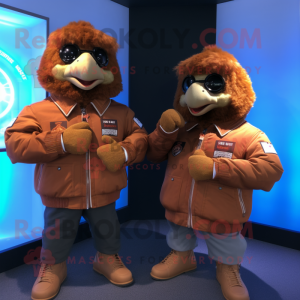 Brown Fried Chicken mascot costume character dressed with a Bomber Jacket and Smartwatches