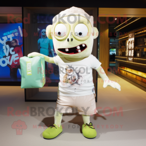Cream Zombie mascot costume character dressed with a T-Shirt and Clutch bags