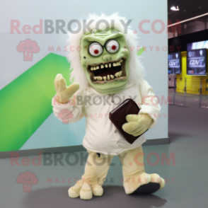 Cream Zombie mascot costume character dressed with a T-Shirt and Clutch bags