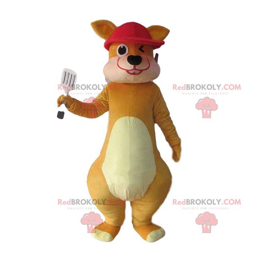 Brun kænguru-maskot og med en rød hætte - Redbrokoly.com