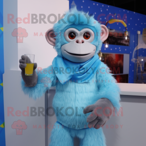 Sky Blue Monkey mascot costume character dressed with a Cocktail Dress and Scarves