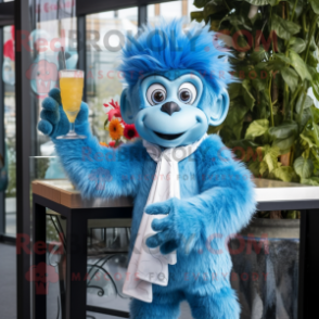 Sky Blue Monkey mascot costume character dressed with a Cocktail Dress and Scarves