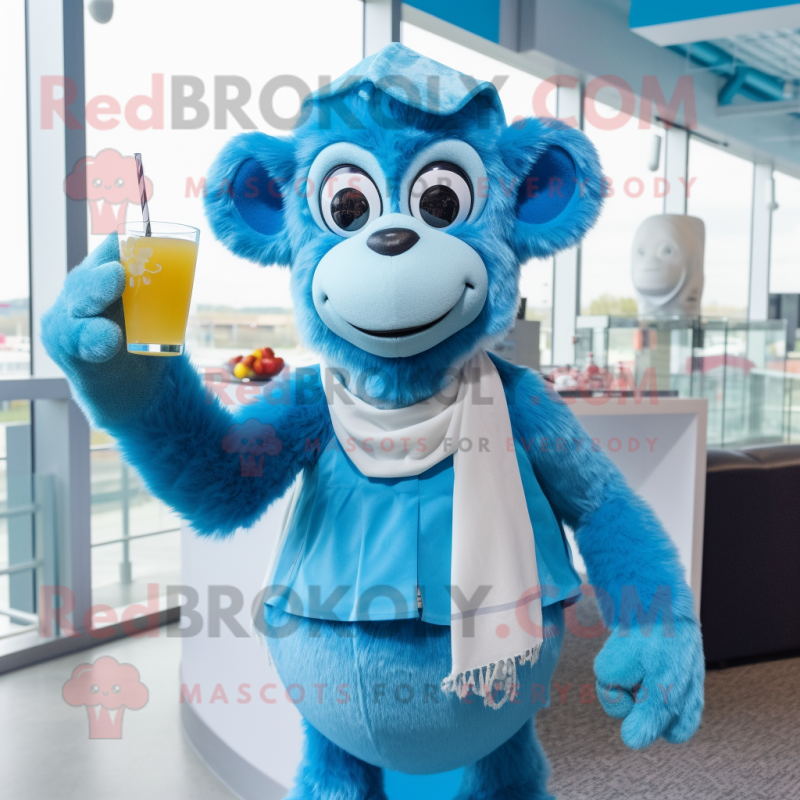 Sky Blue Monkey mascot costume character dressed with a Cocktail Dress and Scarves