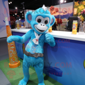 Sky Blue Monkey mascot costume character dressed with a Cocktail Dress and Scarves