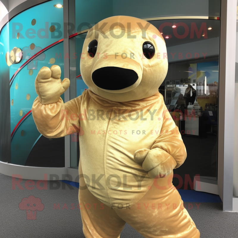 Gold Stellar'S Sea Cow mascot costume character dressed with a V-Neck Tee and Gloves