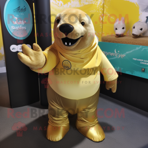 Gold Stellar'S Sea Cow mascot costume character dressed with a V-Neck Tee and Gloves