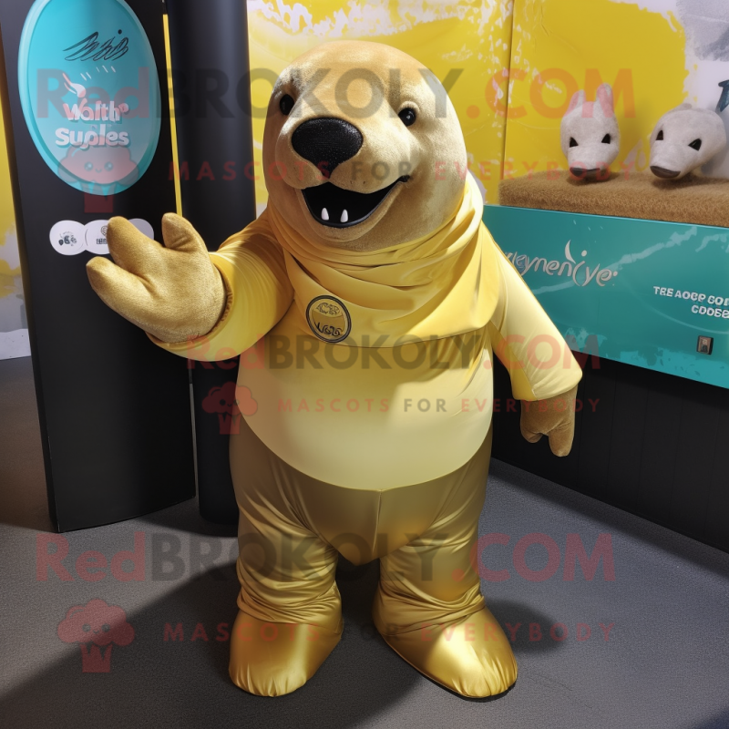 Gold Stellar'S Sea Cow mascot costume character dressed with a V-Neck Tee and Gloves Gold Stellar'S Sea Cow mascot costume character dressed with a V-Neck Tee and Gloves