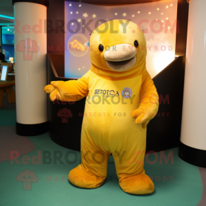 Gold Stellar'S Sea Cow mascot costume character dressed with a V-Neck Tee and Gloves