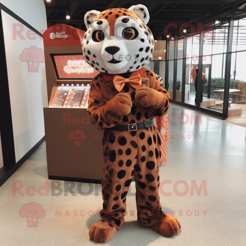 Rust Leopard mascot costume character dressed with a Dress Shirt and Coin purses Rust Leopard mascot costume character dressed with a Dress Shirt and Coin purses
