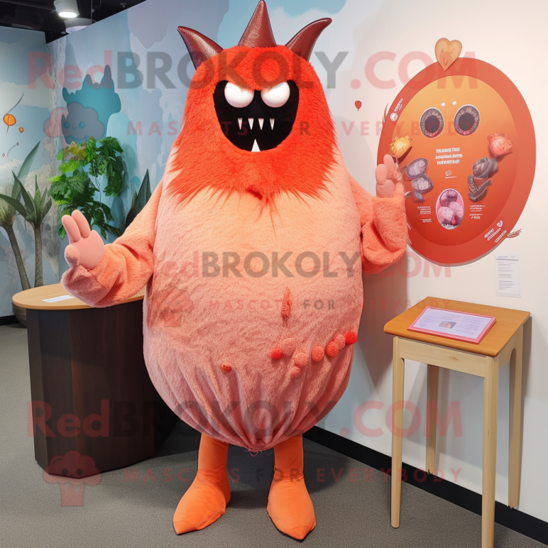 Peach Demon mascot costume character dressed with a Romper and Shawl pins Peach Demon mascot costume character dressed with a Romper and Shawl pins