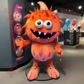 Peach Demon mascot costume character dressed with a Romper and Shawl pins