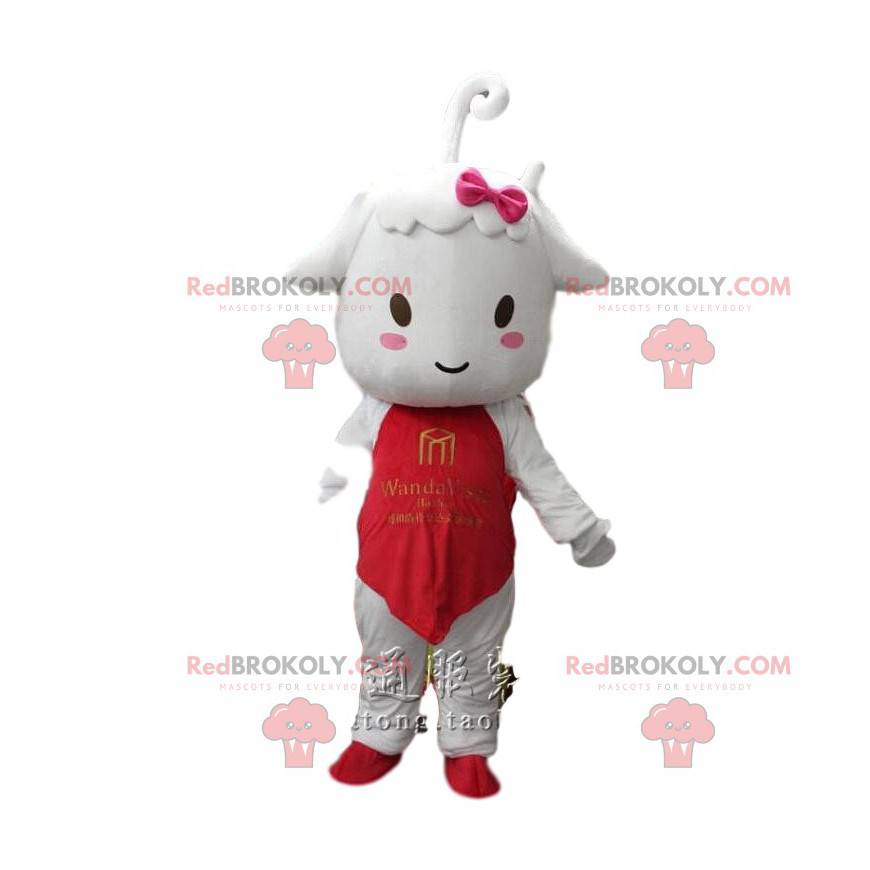 Mascotte lam, klein wit schaap met een rode outfit -