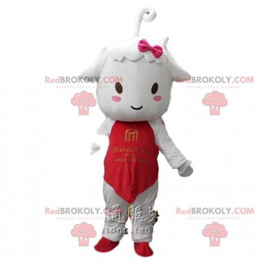 Lamb mascot, small white sheep with a red outfit -