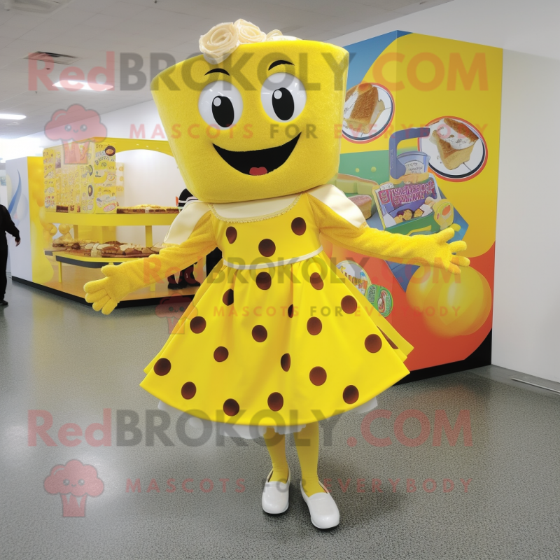 Yellow Pizza mascot costume character dressed with a A-Line Skirt and Foot pads Yellow Pizza mascot costume character dressed with a A-Line Skirt and Foot pads