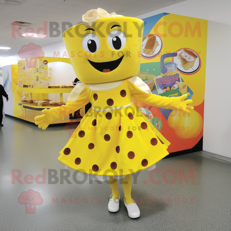 Yellow Pizza mascot costume character dressed with a A-Line Skirt and Foot pads